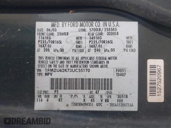 ✅ 2003 Ford Explorer XLS • VIN: 1FMZU62K73UC55170 • Lot: 42028162. Listed on IAAI with 242,474 mi. Free auction sales archive from the USA and detailed vehicle history report at DreamBid. Image 9.