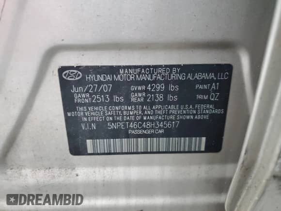 2008 Hyundai Sonata GLS с VIN 5NPET46C48H345617, выставлен на аукционе Copart как лот 72825364 с пробегом 271 804 миль миль и Списание • Salvage title. История ставок и продаж доступна на DreamBid. Изображение 12.