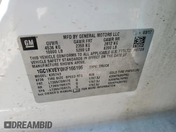 ✅ 2017 Chevrolet Silverado 2500HD LT • VIN: 1GC1KVEY0HF166196 • Lot: 58669795. Listed on Copart with 258,812 mi. Free auction sales archive from the USA and detailed vehicle history report at DreamBid. Image 12.