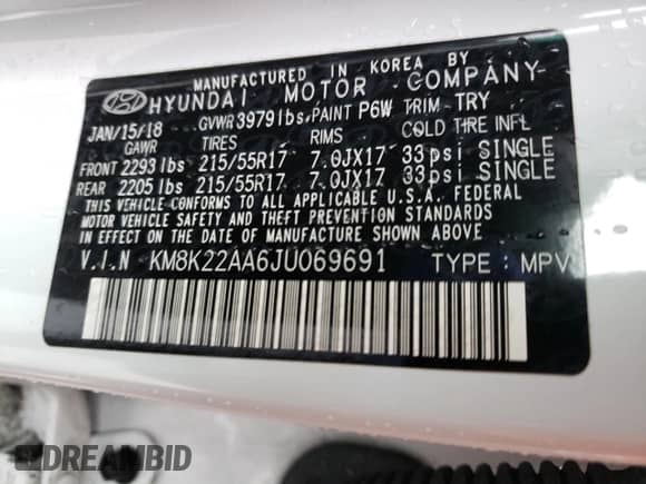 2018 Hyundai Kona SEL with VIN KM8K22AA6JU069691, listed as a Copart auction lot 43238803 with 60,574 mi miles and . Bid and sale history available at DreamBid. Image 14.