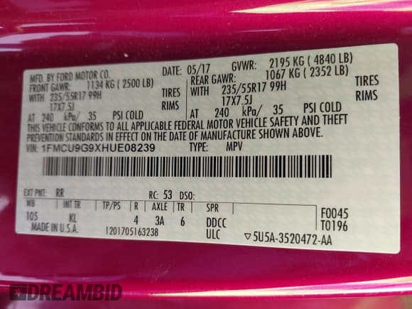 ✅ 2017 Ford Escape SE • VIN: 1FMCU9G9XHUE08239 • Lot: 42326698. Wystawiony na IAAI z przebiegiem 96 471 mil. Bezpłatny archiwum sprzedaży aukcyjnych z USA i szczegółowy raport historii pojazdu na DreamBid. Zdjęcie 9.