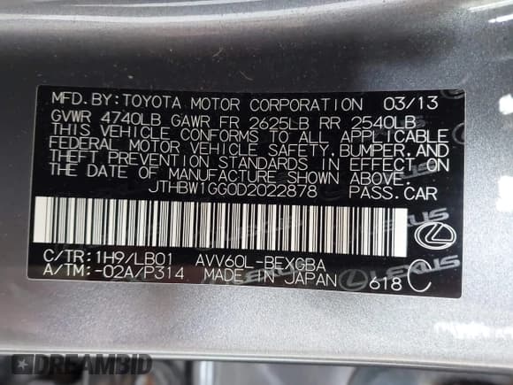 ✅ 2013 Lexus ES 300h • VIN: JTHBW1GG0D2022878 • Lot: 43577996. Listed on IAAI with 79,964 mi. Free auction sales archive from the USA and detailed vehicle history report at DreamBid. Image 9.