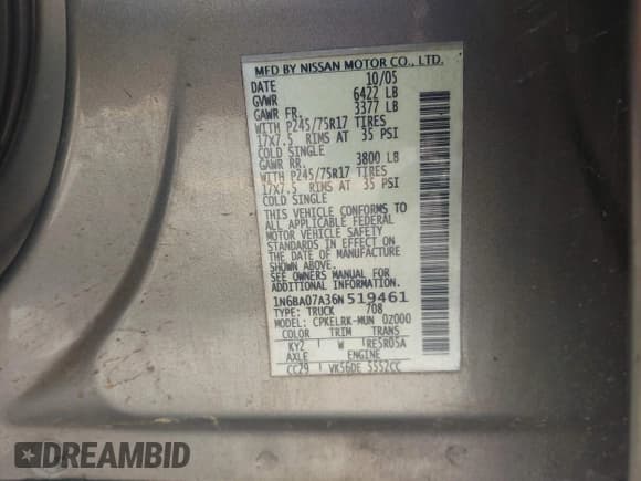 ✅ 2006 Nissan Titan XE • VIN: 1N6BA07A36N519461 • Lot: 42515719. Listed on IAAI with 346,406 mi. Free auction sales archive from the USA and detailed vehicle history report at DreamBid. Image 9.