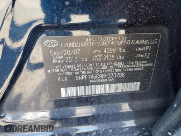 ✅ 2008 Hyundai Sonata GLS • VIN: 5NPET46C98H373798 • Лот: 75941514. Опубликован ранее на Copart с пробегом Не указан. Бесплатный доступ к архиву аукционных продаж из США и подробный отчёт об истории автомобиля на DreamBid. Изображение 13.