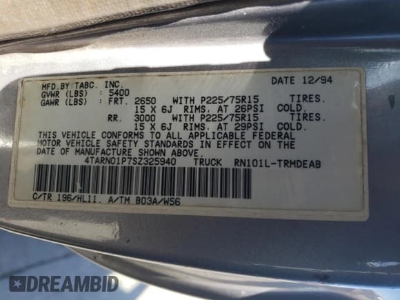 ✅ 1995 Toyota Pickup DX • VIN: 4TARN01P7SZ325940 • Lot: 72564894. Wystawiony na Copart z przebiegiem 215 120 mil. Bezpłatny archiwum sprzedaży aukcyjnych z USA i szczegółowy raport historii pojazdu na DreamBid. Zdjęcie 14.