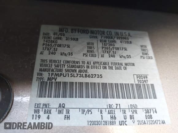 ✅ 2003 Ford Expedition Special Service • VIN: 1FMPU15L73LB62735 • Lot: 42565384. Wystawiony na IAAI z przebiegiem 231 637 mil. Bezpłatny archiwum sprzedaży aukcyjnych z USA i szczegółowy raport historii pojazdu na DreamBid. Zdjęcie 9.