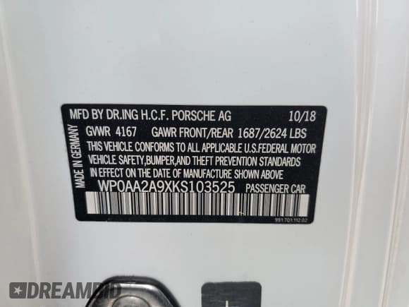 ✅ 2019 Porsche 911 Carrera • VIN: WP0AA2A9XKS103525 • Lot: 45664864. Listed on Copart with Not provided. Free auction sales archive from the USA and detailed vehicle history report at DreamBid. Image 12.