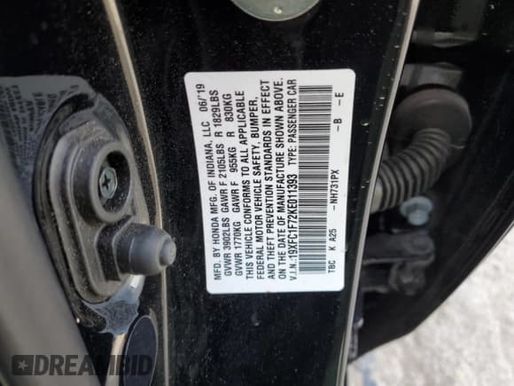 ✅ 2019 Honda Civic EX-L • VIN: 19XFC1F72KE011393 • Lot: 55691235. Listed on Copart with 58,086 mi. Free auction sales archive from the USA and detailed vehicle history report at DreamBid. Image 12.