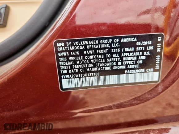 ✅ 2013 Volkswagen Passat S • VIN: 1VWAP7A39DC137750 • Lot: 60981355. Listed on Copart with 105,954 mi. Free auction sales archive from the USA and detailed vehicle history report at DreamBid. Image 12.