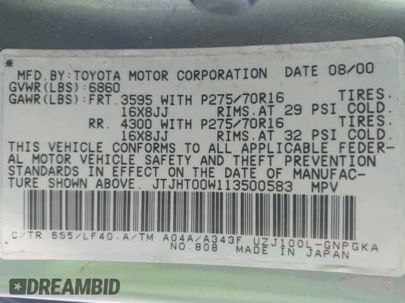 ✅ 2001 Lexus LX 470 • VIN: JTJHT00W113500583 • Lot: 42373922. Wystawiony na IAAI z przebiegiem 269 323 mil. Bezpłatny archiwum sprzedaży aukcyjnych z USA i szczegółowy raport historii pojazdu na DreamBid. Zdjęcie 9.