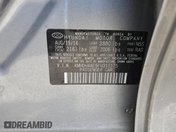 ✅ 2015 Hyundai Elantra SE • VIN: KMHDH4AE9FU311175 • Lot: 61083985. Listed on Copart with 184,157 mi. Free auction sales archive from the USA and detailed vehicle history report at DreamBid. Image 12.