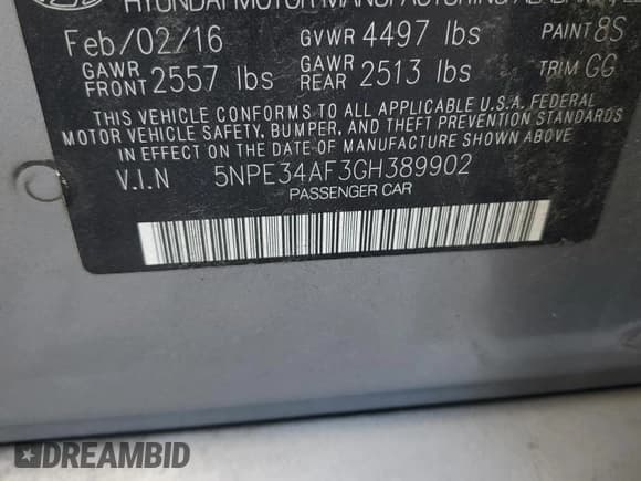 ✅ 2016 Hyundai Sonata Limited • VIN: 5NPE34AF3GH389902 • Lot: 84055815. Listed on Copart with Not provided. Free auction sales archive from the USA and detailed vehicle history report at DreamBid. Image 12.