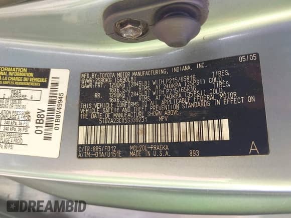 2005 Toyota Sienna LE z VIN 5TDZA23CX5S339231, wystawiony jako IAAI lot #43477645 z przebiegiem 205 064 mil mil oraz . Historia ofert i sprzedaży dostępna na DreamBid. Obrazek 9.