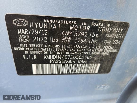 ✅ 2013 Hyundai Elantra GLS • VIN: KMHDH4AE7DU502462 • Lot: 82062565. Listed on Copart with 72,706 mi. Free auction sales archive from the USA and detailed vehicle history report at DreamBid. Image 12.