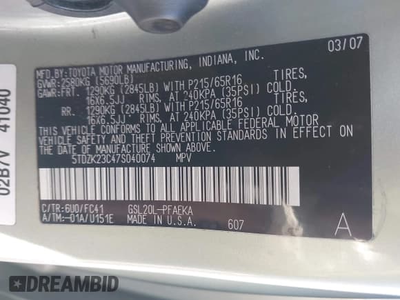 ✅ 2007 Toyota Sienna LE • VIN: 5TDZK23C47S040074 • Лот: 43370148. Опубликован ранее на IAAI с пробегом 153 633 миль. Бесплатный доступ к архиву аукционных продаж из США и подробный отчёт об истории автомобиля на DreamBid. Изображение 9.