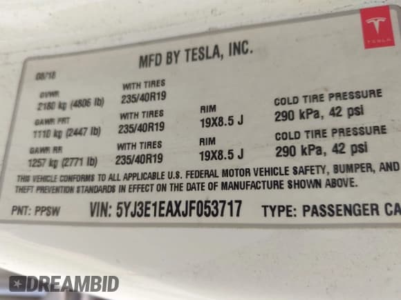 ✅ 2018 Tesla Model 3 Long Range Battery • VIN: 5YJ3E1EAXJF053717 • Lot: 42615984. Listed on IAAI with 79,735 mi. Free auction sales archive from the USA and detailed vehicle history report at DreamBid. Image 9.