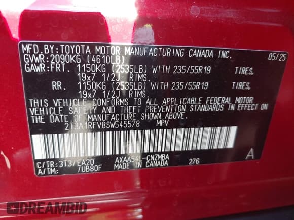 ✅ 2025 Toyota RAV4 XLE Premium • VIN: 2T3A1RFV8SW545578 • Лот: 43118866. Опубликован ранее на IAAI с пробегом 1 392 миль. Бесплатный доступ к архиву аукционных продаж из США и подробный отчёт об истории автомобиля на DreamBid. Изображение 9.