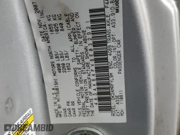 ✅ 2008 Mitsubishi Eclipse GS • VIN: 4A3AK64FX8E032921 • Lot: 81477594. Wystawiony na Copart z przebiegiem 103 833 mil. Bezpłatny archiwum sprzedaży aukcyjnych z USA i szczegółowy raport historii pojazdu na DreamBid. Zdjęcie 12.