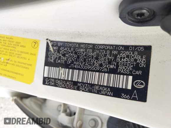 ✅ 2005 Lexus ES 350 • VIN: JTHBA30G955097261 • Lot: 42465680. Listed on IAAI with 182,328 mi. Free auction sales archive from the USA and detailed vehicle history report at DreamBid. Image 9.