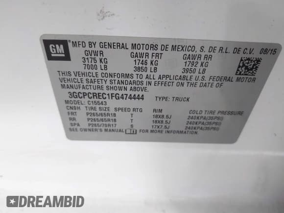 ✅ 2015 Chevrolet Silverado 1500 LT • VIN: 3GCPCREC1FG474444 • Lot: 43104528. Wystawiony na IAAI z przebiegiem 93 697 mil. Bezpłatny archiwum sprzedaży aukcyjnych z USA i szczegółowy raport historii pojazdu na DreamBid. Zdjęcie 9.