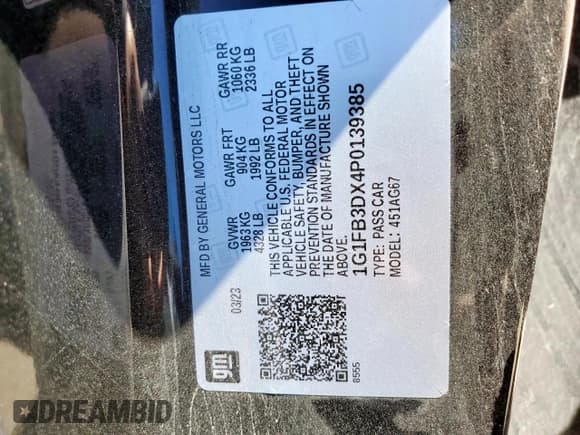 ✅ 2023 Chevrolet Camaro 1LT • VIN: 1G1FB3DX4P0139385 • Lot: 66110685. Wystawiony na Copart z przebiegiem 50 221 mil. Bezpłatny archiwum sprzedaży aukcyjnych z USA i szczegółowy raport historii pojazdu na DreamBid. Zdjęcie 13.