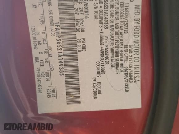 ✅ 2001 Ford Taurus SEL • VIN: 1FAHP56S21A149385 • Лот: 81503165. Опубликован ранее на Copart с пробегом 132 041 миль. Бесплатный доступ к архиву аукционных продаж из США и подробный отчёт об истории автомобиля на DreamBid. Изображение 12.