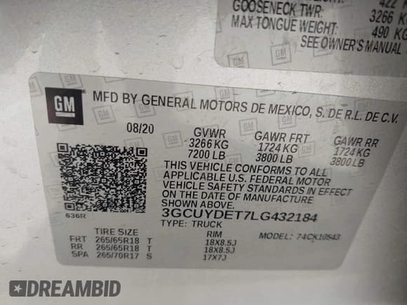 ✅ 2020 Chevrolet Silverado 1500 LT • VIN: 3GCUYDET7LG432184 • Lot: 43369304. Wystawiony na IAAI z przebiegiem 59 866 mil. Bezpłatny archiwum sprzedaży aukcyjnych z USA i szczegółowy raport historii pojazdu na DreamBid. Zdjęcie 9.