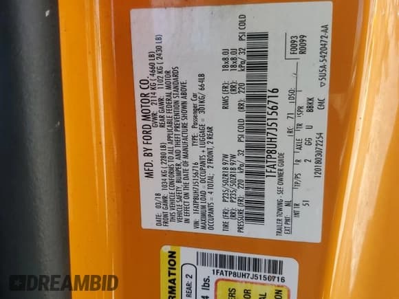 ✅ 2018 Ford Mustang EcoBoost Premium • VIN: 1FATP8UH7J5156716 • Lot: 85601985. Listed on Copart with 105,014 mi. Free auction sales archive from the USA and detailed vehicle history report at DreamBid. Image 13.