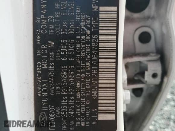 2007 Hyundai Tucson GLS with VIN KM8JM12B17U647826, listed as a Copart auction lot 74586934 with Not provided miles and Salvage title. Bid and sale history available at DreamBid. Image 13.