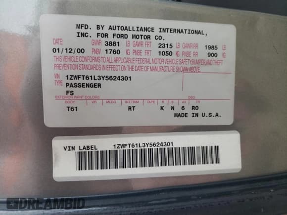 ✅ 2000 Mercury Cougar • VIN: 1ZWFT61L3Y5624301 • Lot: 68247895. Wystawiony na Copart z przebiegiem 226 459 mil. Bezpłatny archiwum sprzedaży aukcyjnych z USA i szczegółowy raport historii pojazdu na DreamBid. Zdjęcie 12.