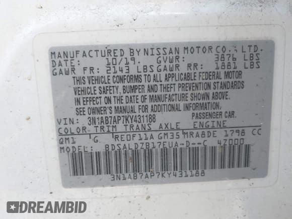 ✅ 2019 Nissan Sentra SR • VIN: 3N1AB7AP7KY431188 • Лот: 42086352. Опубликован ранее на IAAI с пробегом 105 456 миль. Бесплатный доступ к архиву аукционных продаж из США и подробный отчёт об истории автомобиля на DreamBid. Изображение 9.