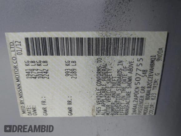 ✅ 2012 Nissan Altima S • VIN: 1N4AL2AP0CN507755 • Лот: 43695512. Опубликован ранее на IAAI с пробегом 105 941 миль. Бесплатный доступ к архиву аукционных продаж из США и подробный отчёт об истории автомобиля на DreamBid. Изображение 9.