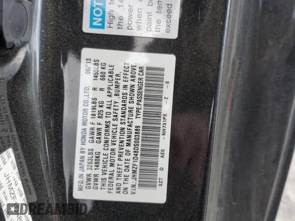 ✅ 2013 Honda CR-Z • VIN: JHMZF1D48DS003889 • Lot: 87349024. Listed on Copart with 118,970 mi. Free auction sales archive from the USA and detailed vehicle history report at DreamBid. Image 12.