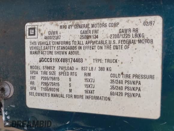 1997 Chevrolet S-10 LS with VIN 1GCCS19X4V8174403, listed as a IAAI auction lot 42816579 with 192,388 mi miles and . Bid and sale history available at DreamBid. Image 9.