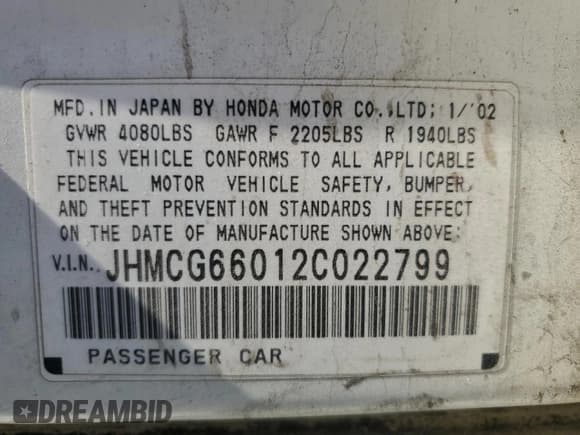 ✅ 2002 Honda Accord EX • VIN: JHMCG66012C022799 • Lot: 90317305. Listed on Copart with 353,469 mi. Free auction sales archive from the USA and detailed vehicle history report at DreamBid. Image 12.