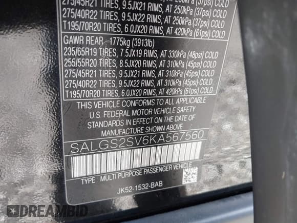 ✅ 2019 Land Rover Range Rover HSE • VIN: SALGS2SV6KA567560 • Lot: 41728822. Listed on IAAI with 58,448 mi. Free auction sales archive from the USA and detailed vehicle history report at DreamBid. Image 9.