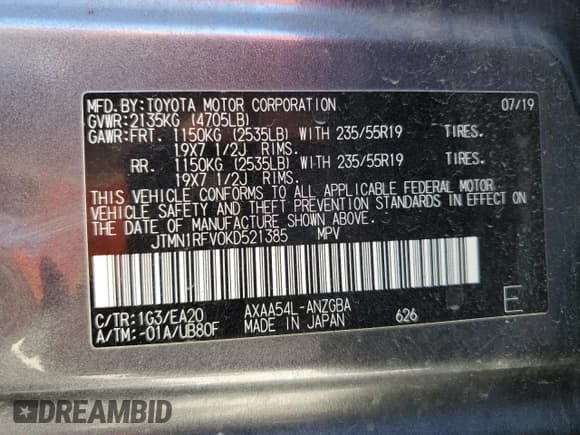 ✅ 2019 Toyota RAV4 Limited • VIN: JTMN1RFV0KD521385 • Лот: 86862085. Опубликован ранее на Copart с пробегом 133 210 миль. Бесплатный доступ к архиву аукционных продаж из США и подробный отчёт об истории автомобиля на DreamBid. Изображение 13.