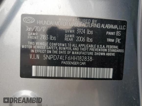 ✅ 2017 Hyundai Elantra SE • VIN: 5NPD74LF6HH182838 • Lot: 86176425. Listed on Copart with 106,235 mi. Free auction sales archive from the USA and detailed vehicle history report at DreamBid. Image 13.