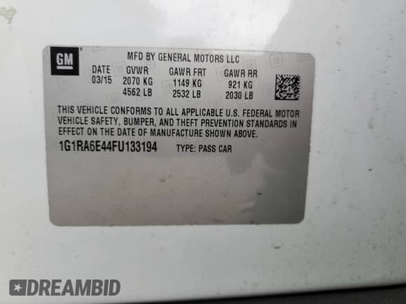 2015 Chevrolet Volt с VIN 1G1RA6E44FU133194, выставлен на аукционе Copart как лот 56315314 с пробегом 107 305 миль миль и Списание • Salvage title. История ставок и продаж доступна на DreamBid. Изображение 12.