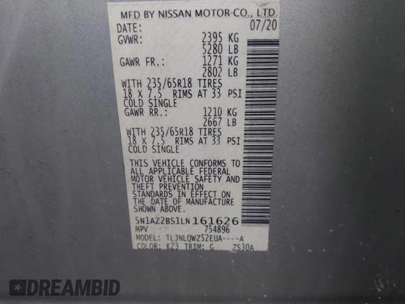 ✅ 2020 Nissan Murano SV • VIN: 5N1AZ2BS1LN161626 • Lot: 43284969. Listed on IAAI with 56,973 mi. Free auction sales archive from the USA and detailed vehicle history report at DreamBid. Image 9.