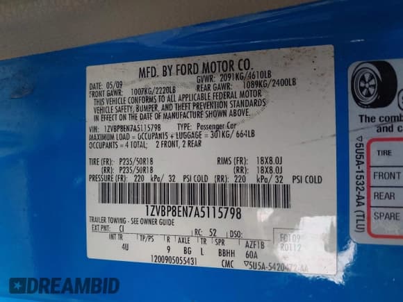 ✅ 2010 Ford Mustang V6 • VIN: 1ZVBP8EN7A5115798 • Lot: 43537903. Listed on IAAI with 97,585 mi. Free auction sales archive from the USA and detailed vehicle history report at DreamBid. Image 9.