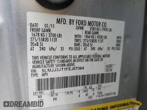 ✅ 2015 Lincoln Navigator • VIN: 5LMJJ3JT1FEJ07364 • Lot: 87101355. Listed on Copart with Not provided. Free auction sales archive from the USA and detailed vehicle history report at DreamBid. Image 13.