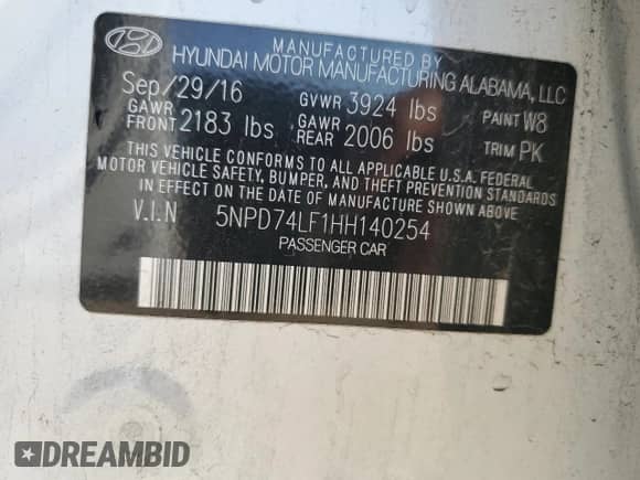 2017 Hyundai Elantra SE with VIN 5NPD74LF1HH140254, listed as a Copart auction lot 85161695 with 167,163 mi miles and Salvage title. Bid and sale history available at DreamBid. Image 12.