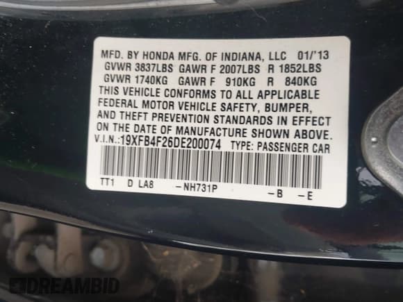 ✅ 2013 Honda Civic • VIN: 19XFB4F26DE200074 • Лот: 43177487. Опубликован ранее на IAAI с пробегом 97 814 миль. Бесплатный доступ к архиву аукционных продаж из США и подробный отчёт об истории автомобиля на DreamBid. Изображение 9.