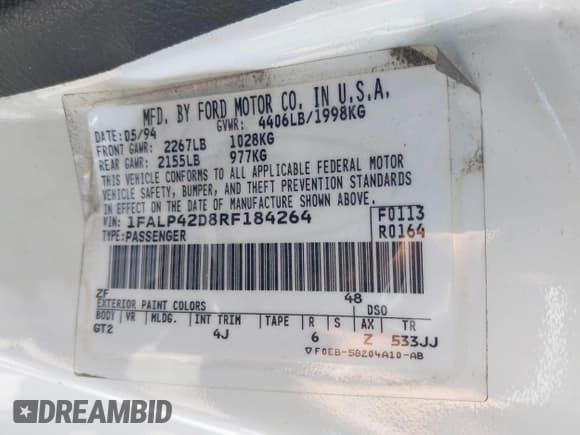 ✅ 1994 Ford Mustang • VIN: 1FALP42D8RF184264 • Lot: 42261594. Listed on IAAI with 118,411 mi. Free auction sales archive from the USA and detailed vehicle history report at DreamBid. Image 9.