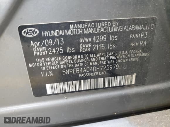 ✅ 2013 Hyundai Sonata GLS • VIN: 5NPEB4AC4DH725979 • Lot: 72751664. Listed on Copart with Not provided. Free auction sales archive from the USA and detailed vehicle history report at DreamBid. Image 12.