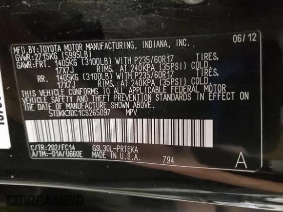 ✅ 2012 Toyota Sienna LE AAS • VIN: 5TDKK3DC1CS265097 • Lot: 86068265. Listed on Copart with 142,841 mi. Free auction sales archive from the USA and detailed vehicle history report at DreamBid. Image 13.