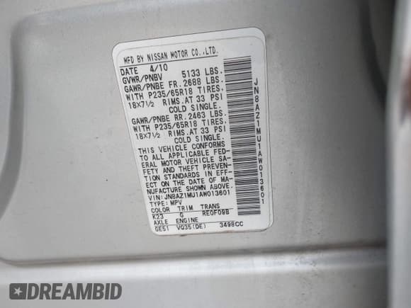 ✅ 2010 Nissan Murano SL • VIN: JN8AZ1MU1AW013601 • Lot: 43621928. Wystawiony na IAAI z przebiegiem 296 522 mil. Bezpłatny archiwum sprzedaży aukcyjnych z USA i szczegółowy raport historii pojazdu na DreamBid. Zdjęcie 9.