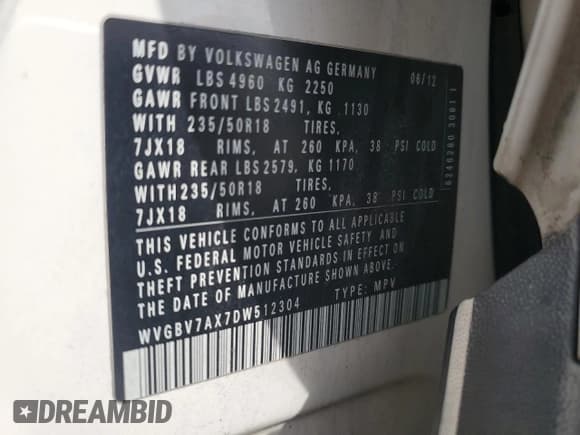 ✅ 2013 Volkswagen Tiguan SE • VIN: WVGBV7AX7DW512304 • Lot: 55928365. Listed on Copart with 142,520 mi. Free auction sales archive from the USA and detailed vehicle history report at DreamBid. Image 13.