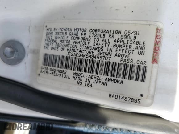 ✅ 1991 Toyota Corolla • VIN: JT2AE94K5M3485707 • Lot: 88983675. Wystawiony na Copart z przebiegiem 205 702 mil. Bezpłatny archiwum sprzedaży aukcyjnych z USA i szczegółowy raport historii pojazdu na DreamBid. Zdjęcie 12.